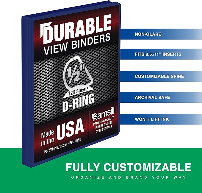 Samsill Durable 0.5 Inch Binder, D Ring Binder, Customizable Clear View Cover, Dark Blue, Holds 125 Pages