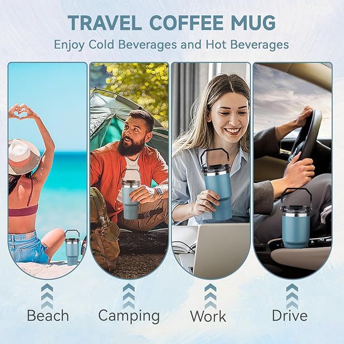 20oz Tumbler with Handle and Flip Straw Lid Double Wall Insulated Travel Coffee Mug Stainless Steel Vacuum Insulated Coffee Tumbler Cup for Hot and Cold Beverages,Leak-proof (20oz,Glacier blue)