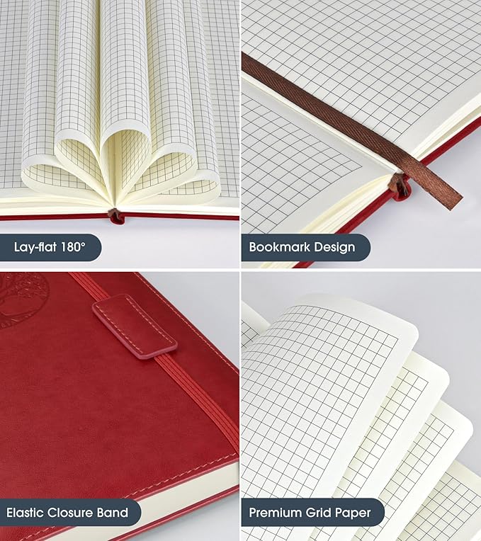 Biuwory Graph Paper Notebook Journal for Women Men,140 Pages Hardcover Grid Notebooks for Work & School,Leather Journals for Writing, Graphing Paper Notebook 5.7"×8.3" (Winered)