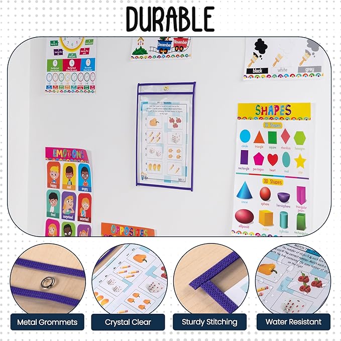 Essex Wares - 6 Pack, Purple, Dry Erase Pocket Document Protectors, 10" Wide x 13.5" Tall - Dry Erase Clear Plastic Sleeves - Reusable & Easy Erase Plastic Invoice Holders, Water-Resistant & Durable