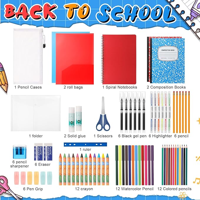 Gilprop 1 Set 2026 School Supplies Kit, 47 Pcs Per Set Back to School Supplies Primary Middle College Bundle Essential Stuff Bulk Pen Notebook Stationery for Kid Student Girl Teen Classroom Boy