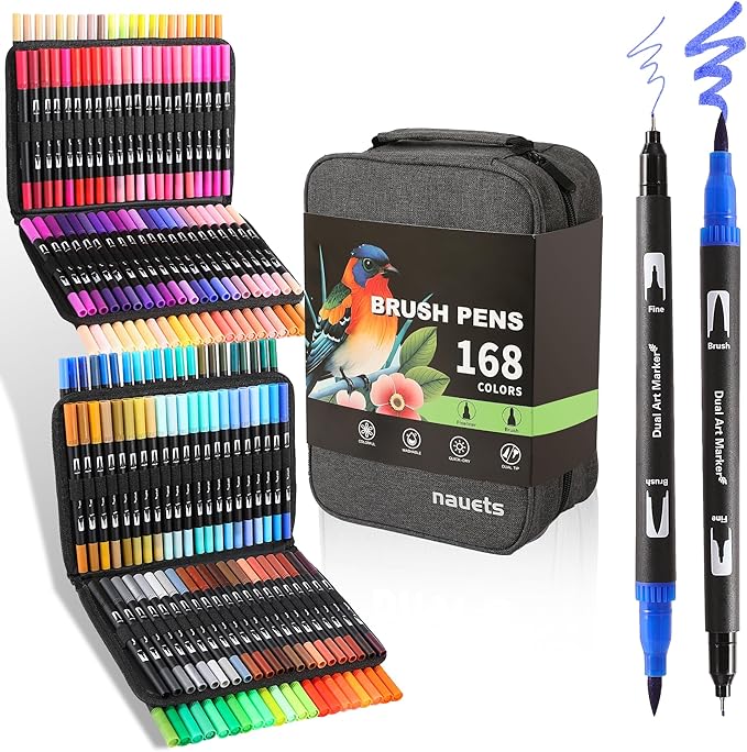 nauets 168 Colors Brush & Fine Dual Tip Watercolor Markers Set Coloring Books No Bleeding Paint Pens For Drawing Note taking Planner Calligraphy Journaling Card Making Art Supplies