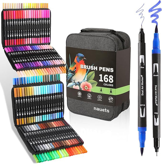 nauets 168 Colors Brush & Fine Dual Tip Watercolor Markers Set Coloring Books No Bleeding Paint Pens For Drawing Note taking Planner Calligraphy Journaling Card Making Art Supplies