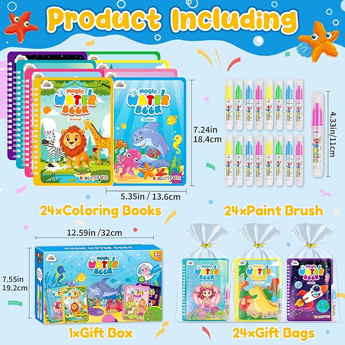ZMLM 24 Pack Water Coloring Books for Toddlers, Reusable Paint with Water Books with Pen, Mess Free Magic Doodle Party Favors Bulk for Kids Ages 3-8 Boys Girls
