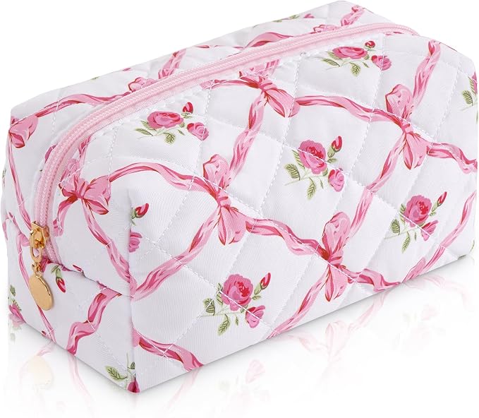 Makeup Bag Travel Toiletry Bag for Women, Small Cosmetic Bags Cute Quilted Cotton Makeup Pouch for Purse Emergency Bag Floral Pencil Case Accessory Bag, Bow and Floral