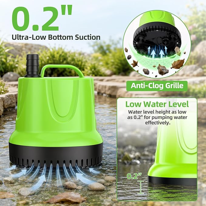 FREESEA Durable Small Pond Pump: 365+ days Continuous Operation | 845GPH 60W Bottom Suction with Epoxy-Sealed Motor & 176℉ Overheat Protection for Pond Circulation Water Change