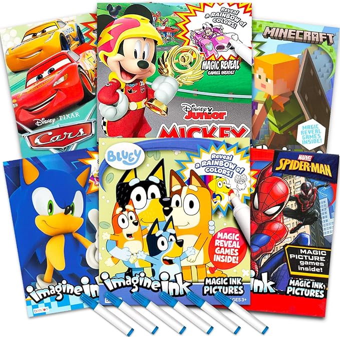 Bulk Imagine Ink Coloring Book Set for Boys - Bundle with 6 No Mess Coloring Books Featuring Sonic, Minecraft, Mickey Mouse, Spidey, Cars, and Bluey
