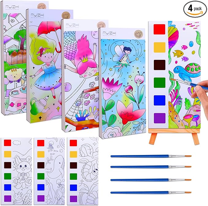 JUNQIU 4Pack Paint with Water Books for Kids Ages 4-8, Mess Free Coloring for Toddlers, Watercolor Coloring Books, Easter Basket Stuffers For Girls Boys, Stocking Stuffers For Kids