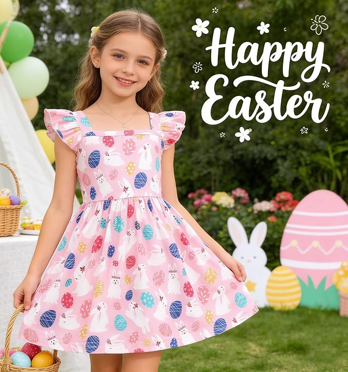 Popshion Girls Dresses Flutter Sleeve Swing Sundress Toddler Summer Clothes Kid Birthday Party Sleeveless Dress 1-8 Years Old