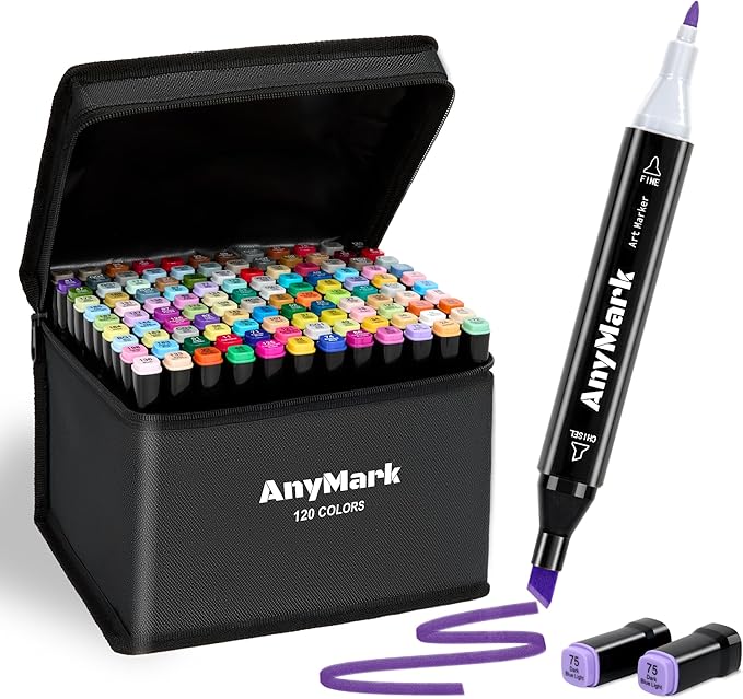 AnyMark Alcohol Markers, 120 Colors Dual Tip Art Coloring Markers Set for Adult Book Drawing Sketching Painting, Chisel & Fine, Black Penholder