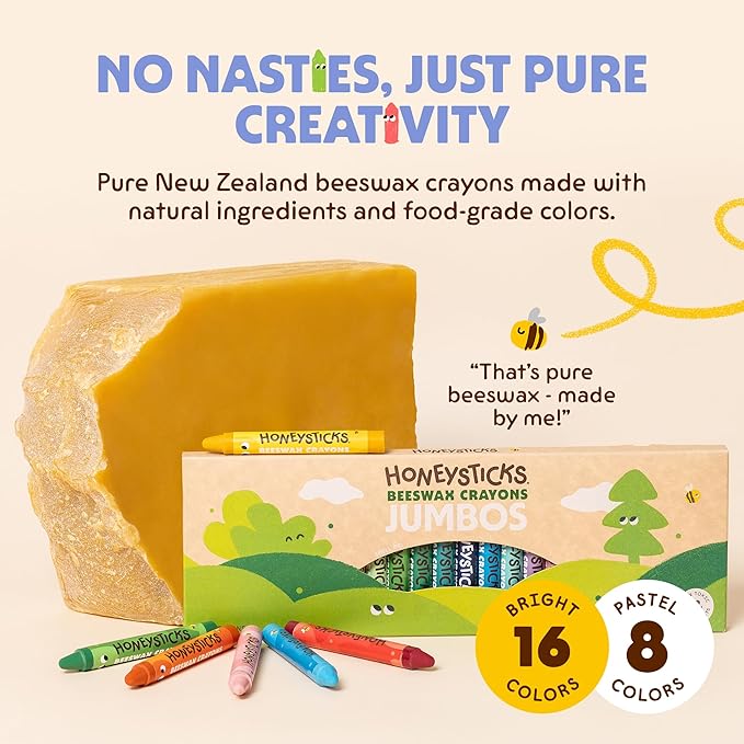 Honeysticks Jumbo Crayons (24 Pack) - Non Toxic Crayons - 100% Pure Beeswax and Food Grade Colors - 24 Bright Colors - Large, Easy to Hold and Use - Preschool Art Supplies for Toddlers/Kids 3-5, 4-8