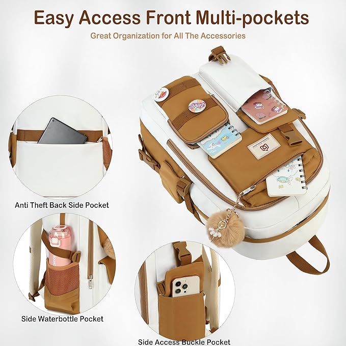 Hidds Backpack for Girls,School Backpack Women College Laptop Backpacks Teens Bookbag Kids Elementary Middle High School Bag Student Travel Daypack-Khaki Beige