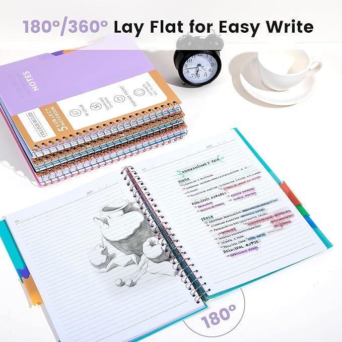 CAGIE Spiral Notebooks for School Work with Removable Dividers Tabs, 8.5” x 11” 5 Subject Notebook College Ruled, Large Lined Journaling Notebook for Women Men Writing, Purple