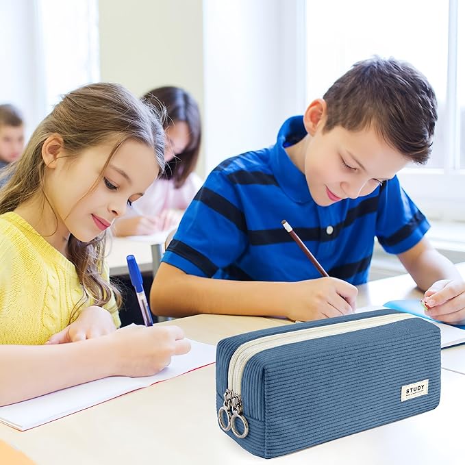 KALIDI Large Pencil Case Corduroy Pencil Pouch Box Cute School Supplies for Teen Girls Boys, Navy Blue