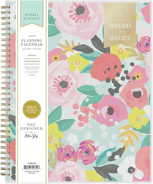 Blue Sky Day Designer 2026-2027 Weekly and Monthly Academic Year Planner Calendar, July 2026 - June 2027, 8.5" x 11", Flexible Cover, Laminated Tabs, Storage Pocket, Includes Stickers, Secret Garden Mint