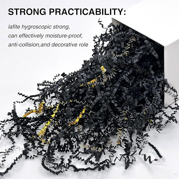1LB Crinkle Cut Paper Shred Filler for Gift Box Bag and Basket On Holidays(Black&Gold)