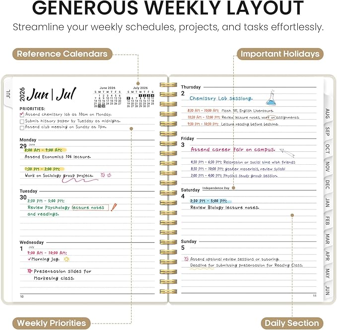 Planner 2026-2027, 6.3" x 8.5" Weekly and Monthly Academic Year Planner Calendar, July 2026 - June 2027, Hardcover Large School Planning Agenda With Tabs, Perfect for School & Office Supplies, A5, Beige