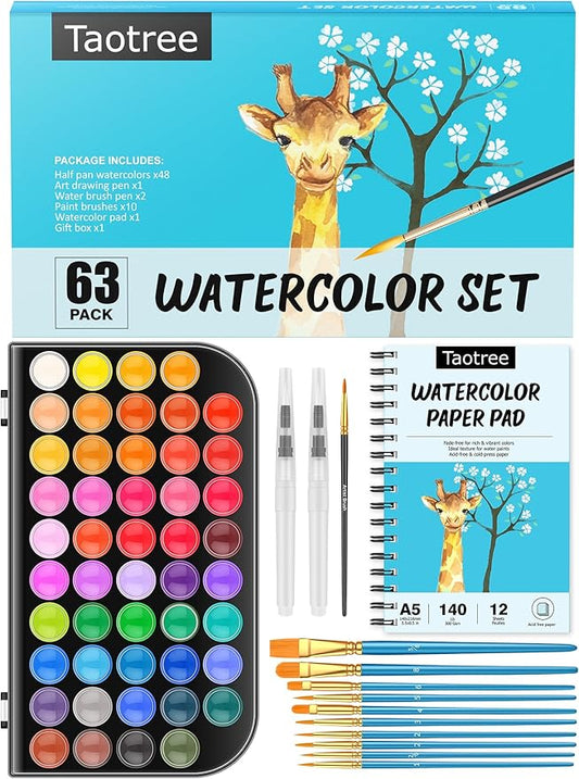 Taotree Watercolor Paint Set, Watercolor Workbook, Water Coloring Book, 48 Colors Watercolors Kit Water Colors with 10 Paint Brushes, Palette, Brush, Drawing Pad, Painting Supplies for Adults Artist