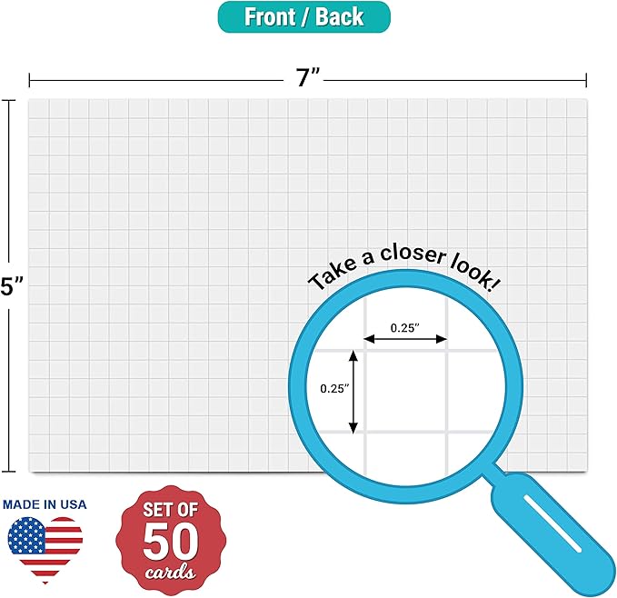 321Done Grid Index Cards (Set of 50) 5x7, Graph-Ruled 0.25 Double-Sided, Thick Cardstock, Made in The USA, White
