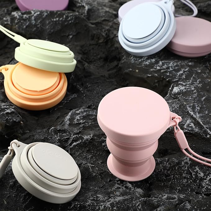 Funnymoom 8 Pcs Collapsible Travel Cups with Lids 7 oz Silicone Folding Camping Cup Reusable Drinking Cup Sets for Outdoor Hiking Camping and Travel(Macaron Colors)