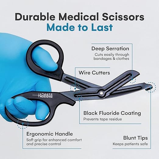 Madison Supply 7.5 Inches Premium Stainless Steel Trauma Shears for Left and Right Hand - Non-Stick Coated Blades Medical Scissors - Durable Fluoride-Coated Nurse Scissors - Black