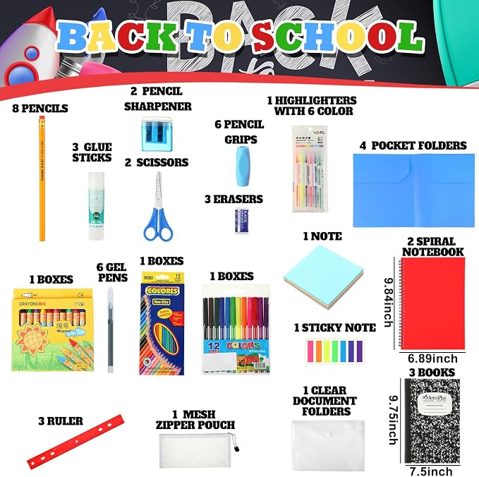 Gilprop 1 Set School Supply Kit 88 Pcs Back to School Supplies for Students Essential Bundle Kit Include Pencil Notebook Ruler Glue Scissor Sticky Note Eraser Pencil Sharpener