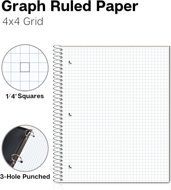 Dunwell Graph Paper Notebook 8.5 x 11, Plastic Cover, 80 Sheets, 4x4 Ruled, 1 Subject Spiral 1/4 Inch Grid Graphing Notebook, Divider with Pockets, Perforated Pages, 3-Hole Punched