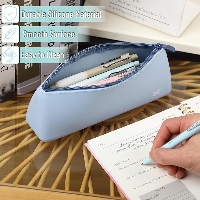 Mr. Pen- Silicone Pencil Case Pouch, Muted Blue, Aesthetic Triangular Design, Multipurpose, Aesthetic Pencil Case Small, Silicone Makeup Bag, Back to School Supplies