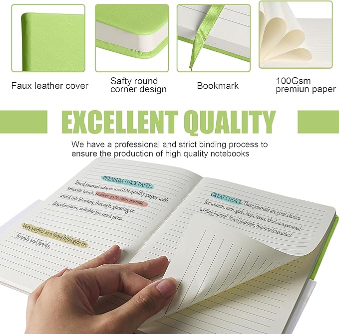 Lined Journal Notebook, 10Pack Hardcover Notebook for Men & Women – Journals for Writing, Work, School, Home & Daily Notes, 160 Pages – Medium A5, 5.7"x8", 100 gsm Thick Paper (Grass Green)