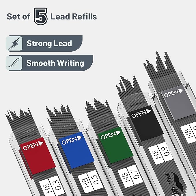 Mr. Pen- Art Mechanical Pencil Set, 5 Mechanical Pencils (0.3, 0.5, 0.7, 0.9, 2.0mm), 5 HB Lead Refills & 10 Eraser Refills, Precision Drawing Pencils for Sketching, Writing & Technical Artwork