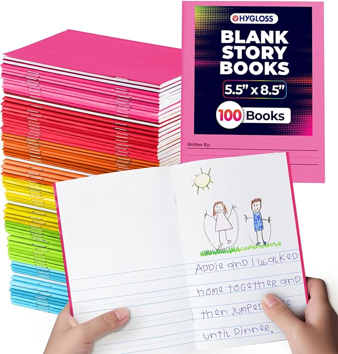 Hygloss Half Blank Books for Kids to Write Stories & Illustrate – Bulk 100 Pack – 5.5" x 8.5" A5 Primary Journal for Grades K-2, Preschool/Kindergarten Notebook with Picture Space – 24 Pages, Colored