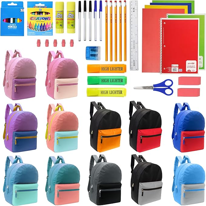 Moda West 17 Inch Bulk Backpacks with 52 Piece School Supply Kit - Case of 12 Wholesale Backpacks in Assorted Colors 6 Boy 6 Girl