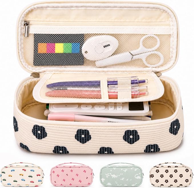 Big Capacity Pencil case,Soft Corduroy Pencil Bag,Cute Pen Case with Handle,5 Compartments, Wide Opening Pen Pouch Organizer for Teen Girls Women (Black Floral)