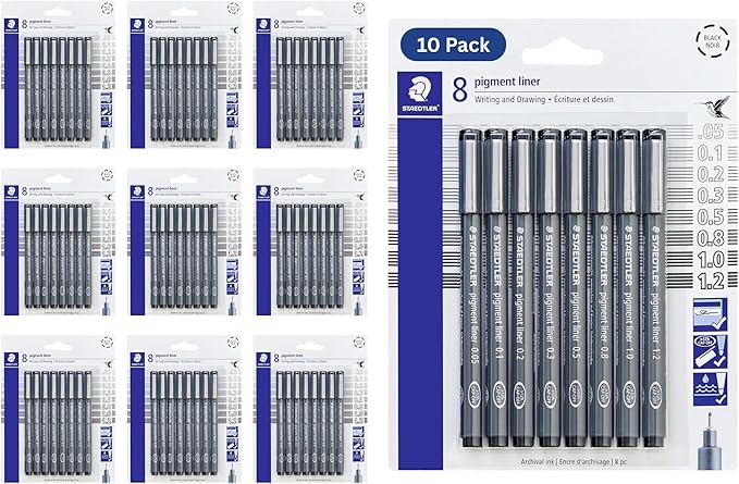 STAEDTLER Pigment Liner 10-Pack (10 sets of 8 pcs), Black, 8 Pens, Assorted Line Widths, 0.05mm, 0.1mm, 0.2mm, 0.3mm, 0.5mm, 0.8mm, 1.0mm, 1.2mm, 80 Count