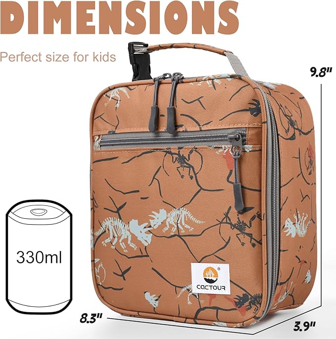 CaCTOUR Lunch Box Kids,Premium Insulated Lunch Bag for Girls Boys,Soft Bag Mini Cooler Back to School Thermal Reusable Lunch Bag for Work School Picnic （Brown Dino