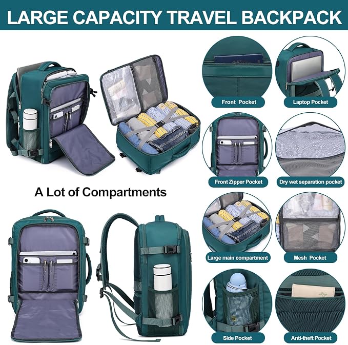 EZUOLA Carry On Backpack, 25l Travel Backpack for Women Flight Approved,Underseat Personal Item Travel Bag With Shoe Compartment, Laptop Backpack for Weekend Business College,Gifts,Green