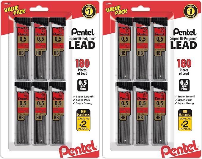 Pentel Super Hi-Polymer Refills, 0.5 mm Fine, HB, 180 Pieces of Lead (C25BPHB6), (Pack of 2)