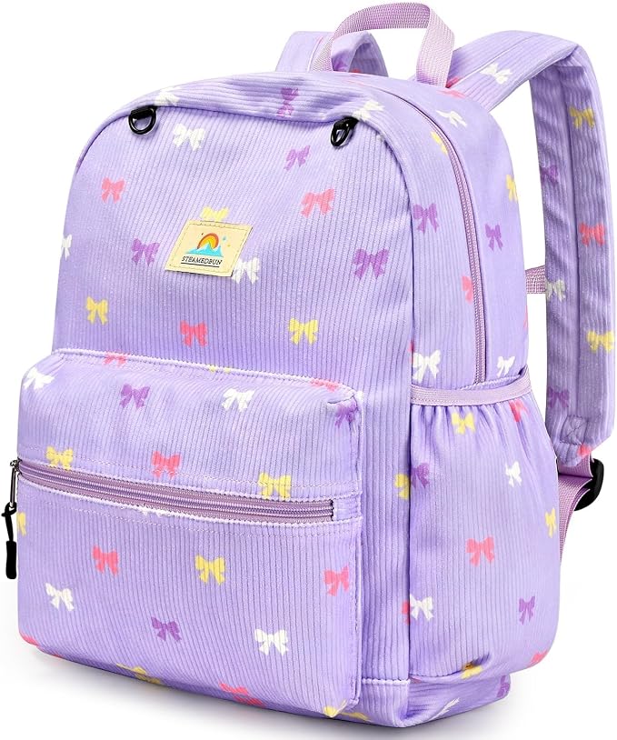 STEAMEDBUN Corduroy Kids Backpack for Girls 5-8: Girls Backpack for Elementary Kindergarten - 15 inch Cute Backpacks for Kids - Purple Bow