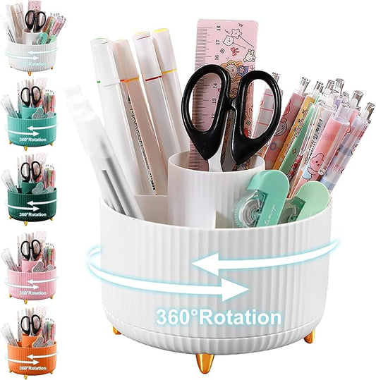 Cayxenful Pencil Holder For Desk,5 Slots 360°Degree Rotating Desk Organizers And Accessories,Desktop Storage Stationery Supplies Organizer, Cute Pencil Cup Pot For Office, School, Home (B-White)