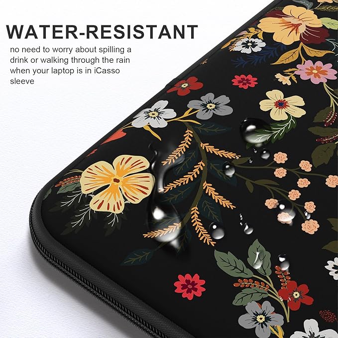 iCasso Laptop Sleeve 13 inch for MacBook Air 13-13.6 inch, Stylish Laptop case for MacBook Pro 13 inch, Slim Protective Travel Carrying Case for MacBook Pro 14 inch, Chromebook, HP, Dell, Black Floral
