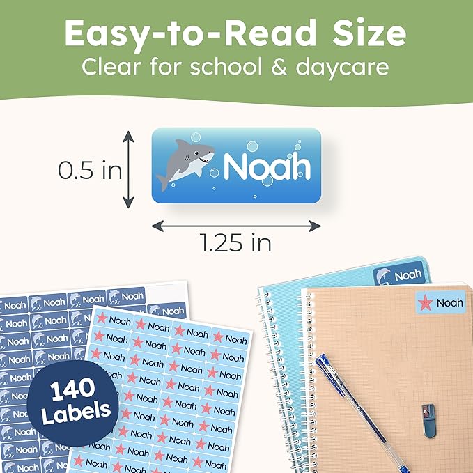 Personalized Name Labels for Kids (140 Labels) - Durable & Waterproof Custom Name Stickers for Clothing Tags, School Supplies, Camp & Daycare - Playful Sea (1.2”x0.5”)