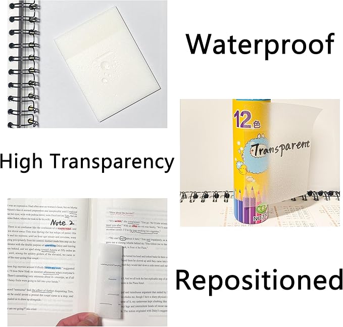 YOUDEFUL Transparent Sticky Notes, 3"x3.74" Clear Sticky Notes, Waterproof Translucent Sticky Note Pads for Books Annotation, See-Through Clear Translucent for Back to School, Office Supplies