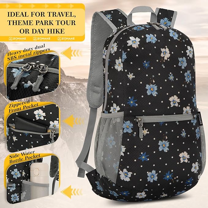 ZOMAKE Ultra Lightweight Hiking Backpack 20L, Packable Small Backpacks Water Resistant Daypack for Women Men(Black,Floral pattern)