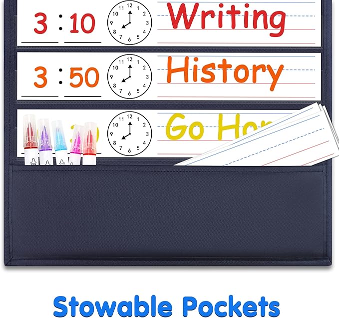 Daily Schedule Pocket Chart, 13+1 Pockets Visual Schedule for Kids, Daily Schedule for Kids, Pocket Chart for Classroom, School, Office or Home, Includes 18 Reusable Dry Eraser Cards and 2 Hooks (BLACK)