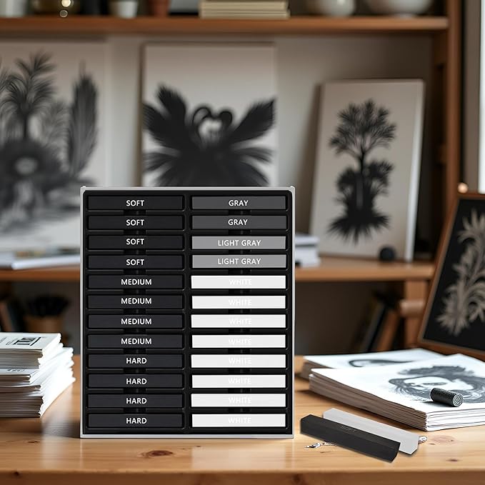 24 Pcs Compressed Charcoal Sticks with Soft, Medium, Hard and White Charcoal, Square Charcoal Stick Kit for Drawing, Sketching and Shading (12 Black + 4 Gray + 8 White)