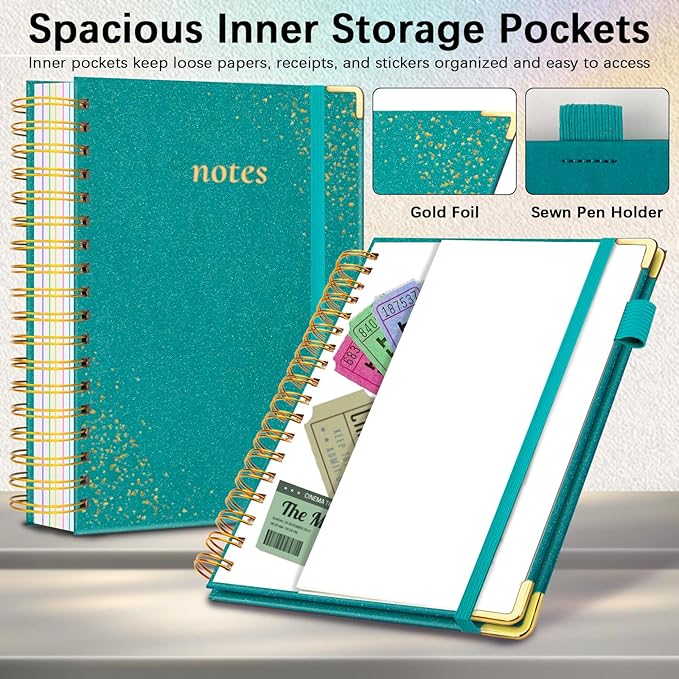 Hardcover Spiral Notebook with Removable Dividers & Tabs, 8"x10" 5 Subject Notebooks for Work, 300 Pages College Ruled Notebook, B5 Sparkle Lined Journal for Women Girls Note-Taking (Cyan)