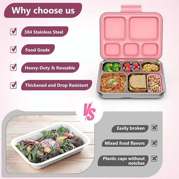 Pawtong Stainless Steel Lunch Box, 5-Compartment Bento Lunch Box for Kids & Adults,Metal Lunch Box with Removable Silicone Container, Lunch Box Containers for School,Office(Pink)