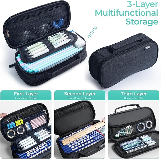 M&G Big Capacity Pencil Case, Large Capacity Pencil Pouch Multi-Slot Pencil Case Organizer, Portable Big Pencil Bags with Zipper for Makeup Brush Teen Boys Girls Office (Black)