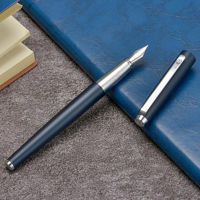 HongDian 525 Dark Blue Fountain Pen, Extra Fine Nib Classic Pen Includes Metal Pen Case and Refillable Converter