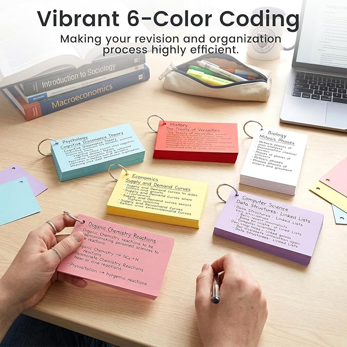 BOOKNOW Index Cards 3x5, Flash Cards with Ring, 260PCS Colored Notecards for Studying, Portable Notecards Note Taking for Students, Teachers, Office Home School, 6 Colors